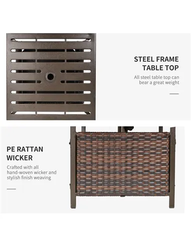 Outsunny Rattan Garden Coffee Table, 55.5 cm Square Wicker Patio Side Coffee Table with 4 cm Umbrella Hole, Metal Bottom and Sla