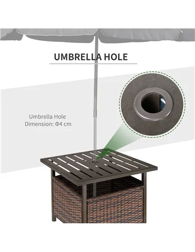 Outsunny Rattan Garden Coffee Table, 55.5 cm Square Wicker Patio Side Coffee Table with 4 cm Umbrella Hole, Metal Bottom and Sla