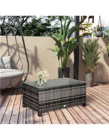 Outsunny PE Rattan Garden Coffee Table, with Glass Table Top - Grey