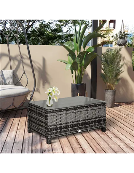 Outsunny PE Rattan Garden Coffee Table, with Glass Table Top - Grey