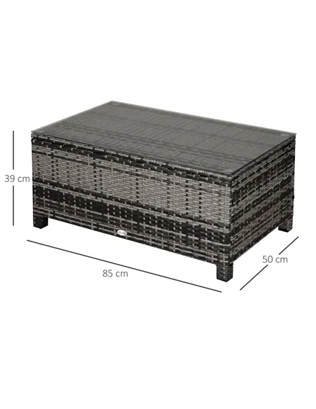 Outsunny PE Rattan Garden Coffee Table, with Glass Table Top - Grey