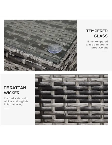 Outsunny PE Rattan Garden Coffee Table, with Glass Table Top - Grey