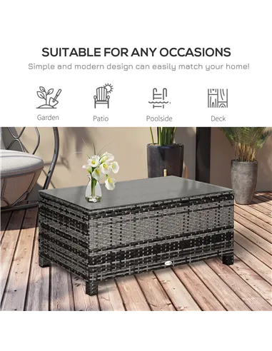 Outsunny PE Rattan Garden Coffee Table, with Glass Table Top - Grey