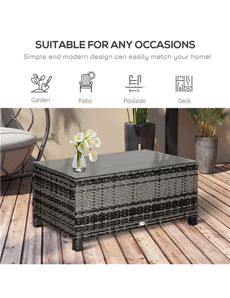 Outsunny PE Rattan Garden Coffee Table, with Glass Table Top - Grey