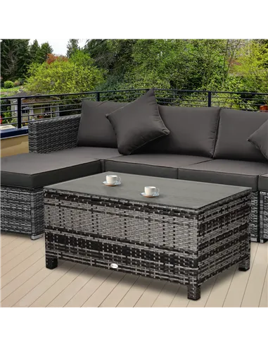 Outsunny PE Rattan Garden Coffee Table, with Glass Table Top - Grey