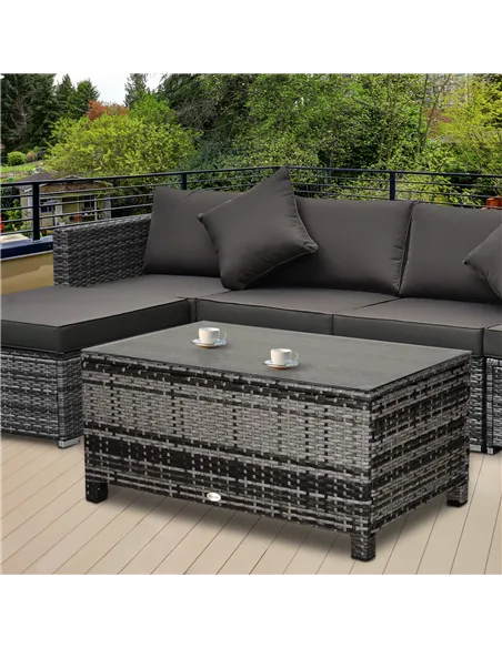 Outsunny PE Rattan Garden Coffee Table, with Glass Table Top - Grey