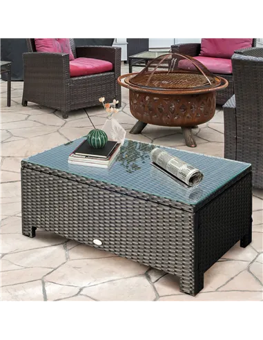 Outsunny PE Rattan Coffee Table, Rectangular Outdoor Coffee Table with Tempered Glass Top, 70 KG Capacity for Garden, Balcony, T