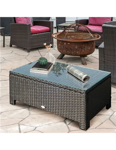 Outsunny PE Rattan Coffee Table, Rectangular Outdoor Coffee Table with Tempered Glass Top, 70 KG Capacity for Garden, Balcony, T