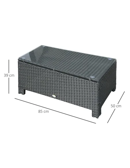 Outsunny PE Rattan Coffee Table, Rectangular Outdoor Coffee Table with Tempered Glass Top, 70 KG Capacity for Garden, Balcony, T