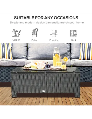 Outsunny PE Rattan Coffee Table, Rectangular Outdoor Coffee Table with Tempered Glass Top, 70 KG Capacity for Garden, Balcony, T