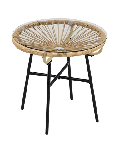 Outsunny Rattan Side Table, Round Outdoor Coffee Table, with Round PE Rattan and Tempered Glass Tabletop for Patio, Garden, Balc