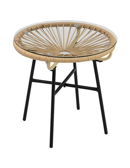 Outsunny Rattan Side Table, Round Outdoor Coffee Table, with Round PE Rattan and Tempered Glass Tabletop for Patio, Garden, Balc