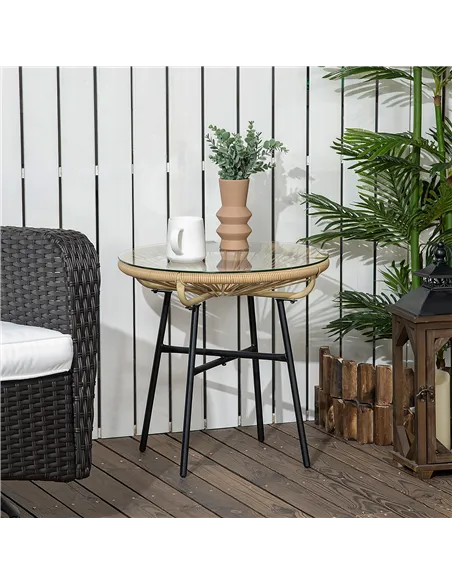 Outsunny Rattan Side Table, Round Outdoor Coffee Table, with Round PE Rattan and Tempered Glass Tabletop for Patio, Garden, Balc