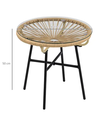 Outsunny Rattan Side Table, Round Outdoor Coffee Table, with Round PE Rattan and Tempered Glass Tabletop for Patio, Garden, Balc