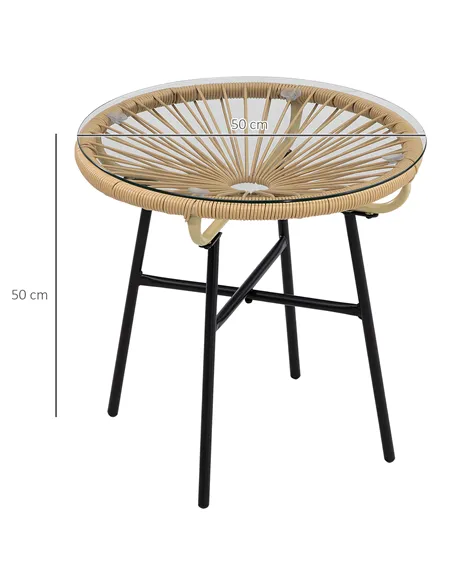 Outsunny Rattan Side Table, Round Outdoor Coffee Table, with Round PE Rattan and Tempered Glass Tabletop for Patio, Garden, Balc