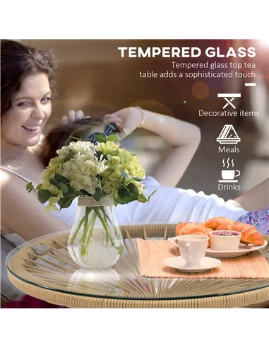 Outsunny Rattan Side Table, Round Outdoor Coffee Table, with Round PE Rattan and Tempered Glass Tabletop for Patio, Garden, Balc