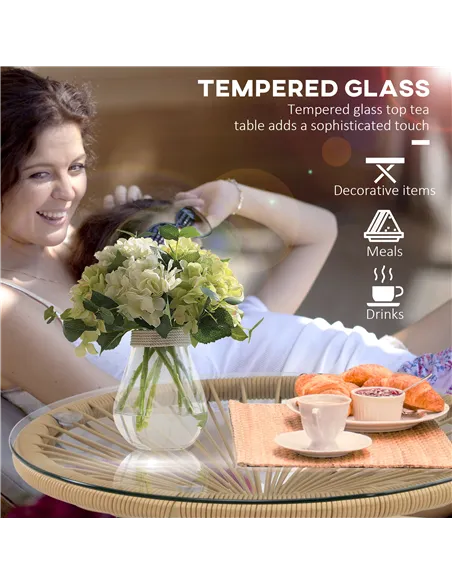 Outsunny Rattan Side Table, Round Outdoor Coffee Table, with Round PE Rattan and Tempered Glass Tabletop for Patio, Garden, Balc