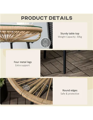 Outsunny Rattan Side Table, Round Outdoor Coffee Table, with Round PE Rattan and Tempered Glass Tabletop for Patio, Garden, Balc