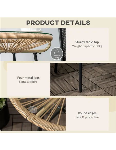Outsunny Rattan Side Table, Round Outdoor Coffee Table, with Round PE Rattan and Tempered Glass Tabletop for Patio, Garden, Balc