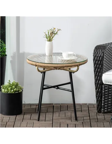 Outsunny Rattan Side Table, Round Outdoor Coffee Table, with Round PE Rattan and Tempered Glass Tabletop for Patio, Garden, Balc
