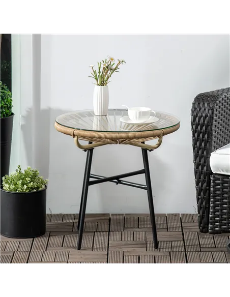 Outsunny Rattan Side Table, Round Outdoor Coffee Table, with Round PE Rattan and Tempered Glass Tabletop for Patio, Garden, Balc