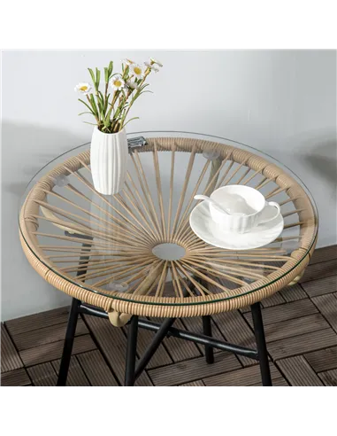 Outsunny Rattan Side Table, Round Outdoor Coffee Table, with Round PE Rattan and Tempered Glass Tabletop for Patio, Garden, Balc