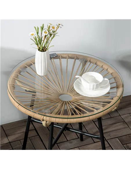 Outsunny Rattan Side Table, Round Outdoor Coffee Table, with Round PE Rattan and Tempered Glass Tabletop for Patio, Garden, Balc