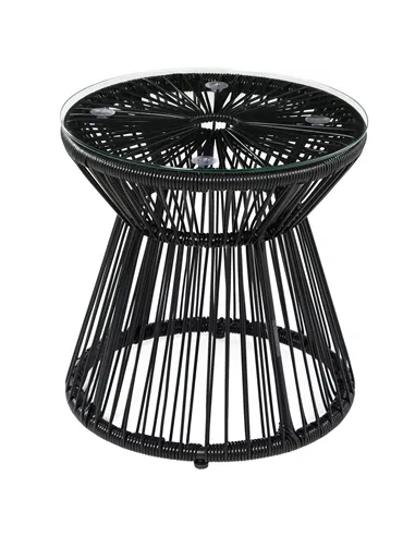 Outsunny Round End Table, Rattan Side Table, Hollow Drum Design Coffee Table w/ Glass Tabletop for Patio, Garden, Balcony Black