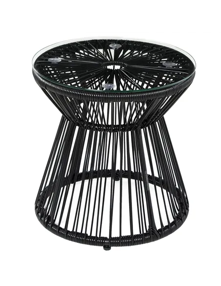 Outsunny Round End Table, Rattan Side Table, Hollow Drum Design Coffee Table w/ Glass Tabletop for Patio, Garden, Balcony Black
