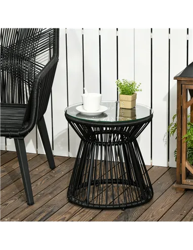 Outsunny Round End Table, Rattan Side Table, Hollow Drum Design Coffee Table w/ Glass Tabletop for Patio, Garden, Balcony Black