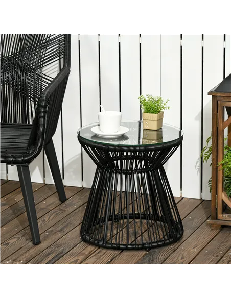 Outsunny Round End Table, Rattan Side Table, Hollow Drum Design Coffee Table w/ Glass Tabletop for Patio, Garden, Balcony Black