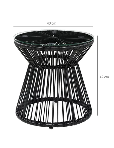 Outsunny Round End Table, Rattan Side Table, Hollow Drum Design Coffee Table w/ Glass Tabletop for Patio, Garden, Balcony Black