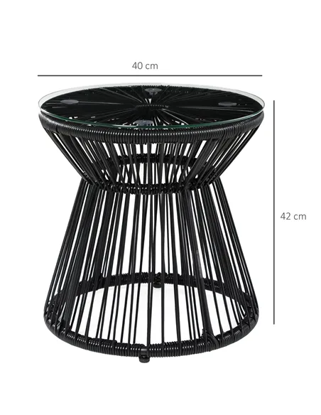 Outsunny Round End Table, Rattan Side Table, Hollow Drum Design Coffee Table w/ Glass Tabletop for Patio, Garden, Balcony Black