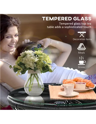 Outsunny Round End Table, Rattan Side Table, Hollow Drum Design Coffee Table w/ Glass Tabletop for Patio, Garden, Balcony Black