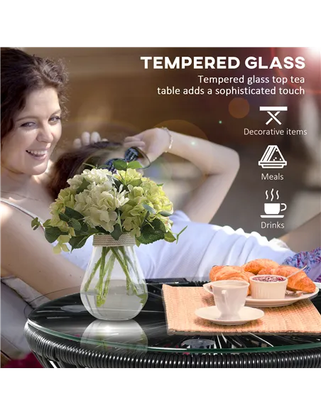 Outsunny Round End Table, Rattan Side Table, Hollow Drum Design Coffee Table w/ Glass Tabletop for Patio, Garden, Balcony Black