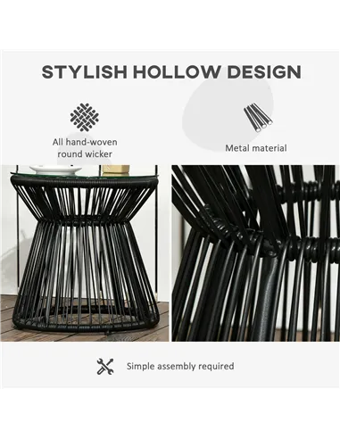 Outsunny Round End Table, Rattan Side Table, Hollow Drum Design Coffee Table w/ Glass Tabletop for Patio, Garden, Balcony Black