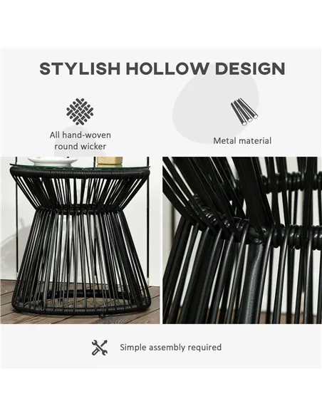 Outsunny Round End Table, Rattan Side Table, Hollow Drum Design Coffee Table w/ Glass Tabletop for Patio, Garden, Balcony Black