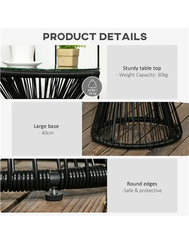 Outsunny Round End Table, Rattan Side Table, Hollow Drum Design Coffee Table w/ Glass Tabletop for Patio, Garden, Balcony Black