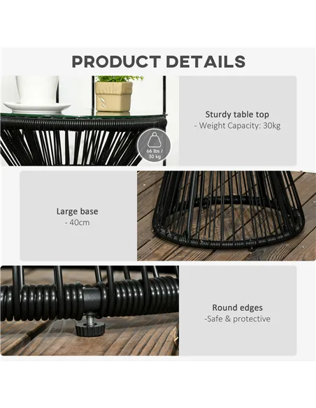 Outsunny Round End Table, Rattan Side Table, Hollow Drum Design Coffee Table w/ Glass Tabletop for Patio, Garden, Balcony Black