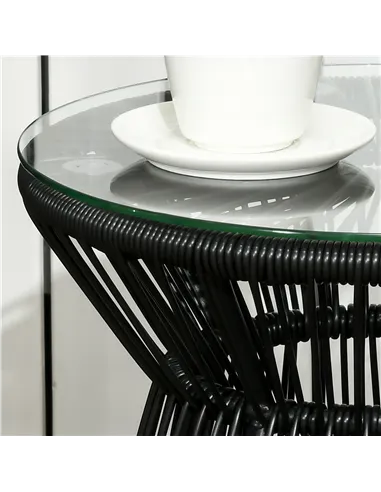Outsunny Round End Table, Rattan Side Table, Hollow Drum Design Coffee Table w/ Glass Tabletop for Patio, Garden, Balcony Black