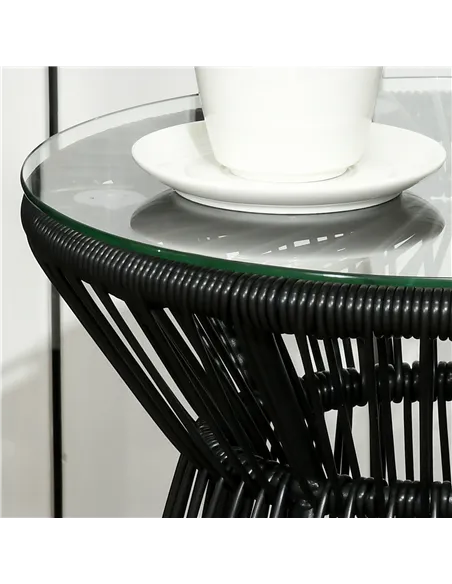 Outsunny Round End Table, Rattan Side Table, Hollow Drum Design Coffee Table w/ Glass Tabletop for Patio, Garden, Balcony Black