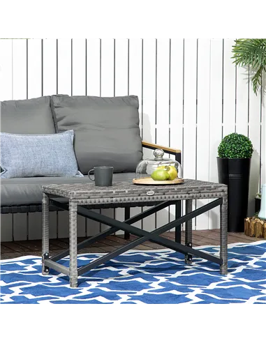 Outsunny Outdoor Coffee Table, Garden PE Rattan Side Table with Plastic Board Under the Full Woven Table Top and X-Shape Frame f