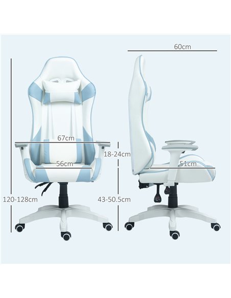 HOMCOM Faux Leather Colour Block Gaming Chair, with 135° Reclining Back - Blue/White