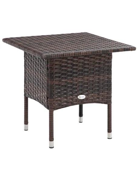 Outsunny Outdoor Rattan Side Table Coffee Table with Plastic Board, Full Woven Table Top for Patio, Garden, Balcony, Mixed Brown