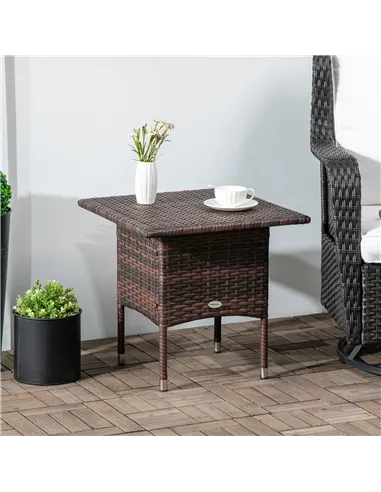 Outsunny Outdoor Rattan Side Table Coffee Table with Plastic Board, Full Woven Table Top for Patio, Garden, Balcony, Mixed Brown