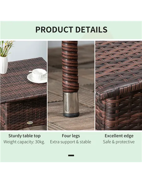 Outsunny Outdoor Rattan Side Table Coffee Table with Plastic Board, Full Woven Table Top for Patio, Garden, Balcony, Mixed Brown
