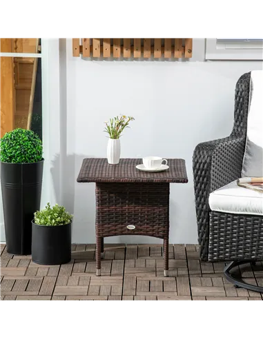 Outsunny Outdoor Rattan Side Table Coffee Table with Plastic Board, Full Woven Table Top for Patio, Garden, Balcony, Mixed Brown