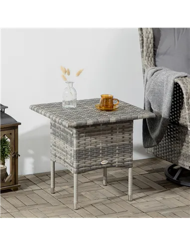 Outsunny Rattan Side Table, Outdoor Coffee Table with Plastic Board Under the Full Woven Table Top for Patio, Garden, Balcony, M