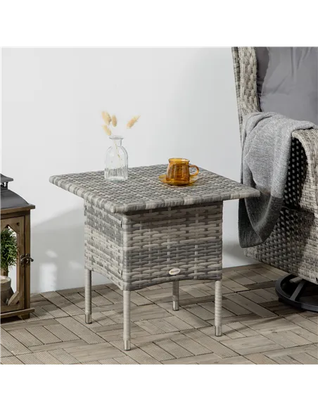 Outsunny Rattan Side Table, Outdoor Coffee Table with Plastic Board Under the Full Woven Table Top for Patio, Garden, Balcony, M