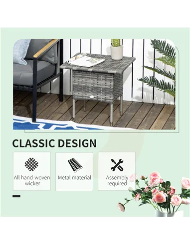 Outsunny Rattan Side Table, Outdoor Coffee Table with Plastic Board Under the Full Woven Table Top for Patio, Garden, Balcony, M